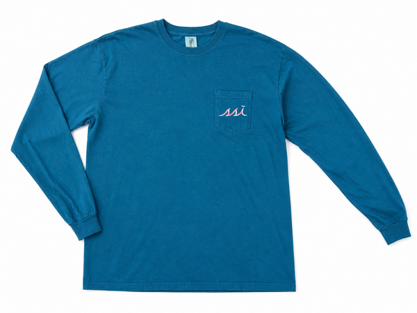 Comfort Colors Topaz Blue Long Sleeve Pocket Tee — Pink Camo SSI Logo