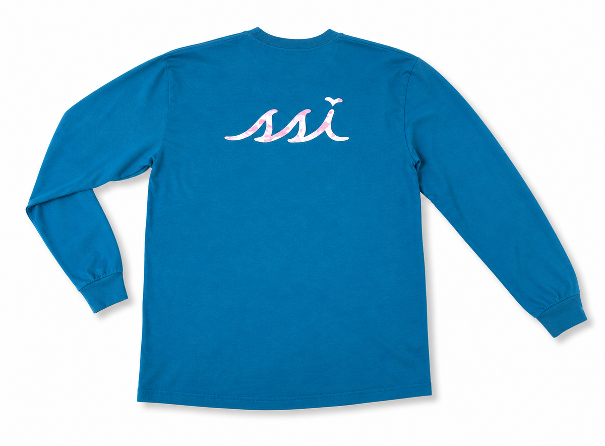 Comfort Colors Topaz Blue Long Sleeve Pocket Tee — Pink Camo SSI Logo