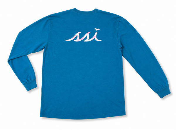 Comfort Colors Topaz Blue Long Sleeve Pocket Tee — Pink Camo SSI Logo