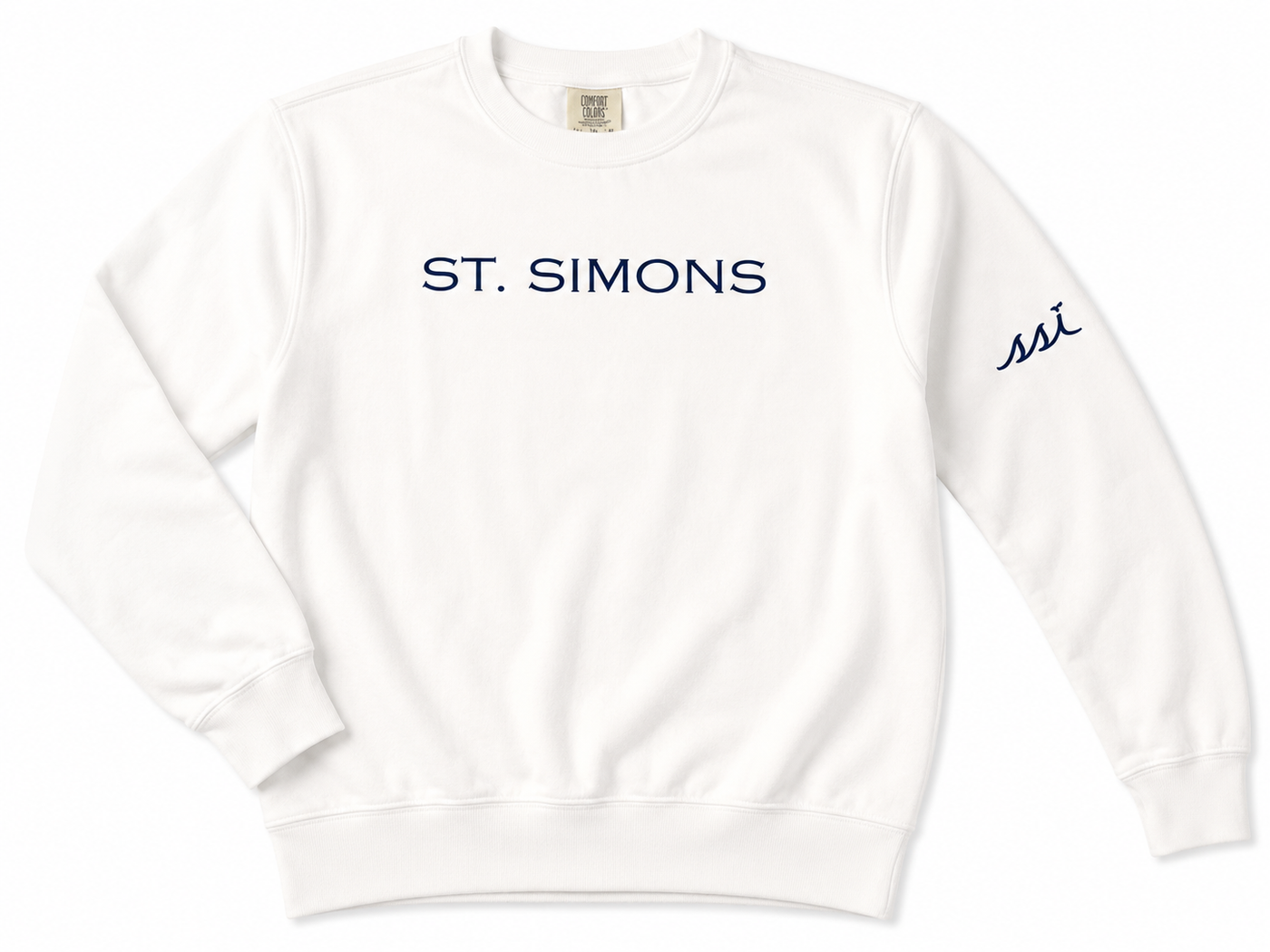 Comfort Colors White St. Simons Crewneck Sweatshirt — Sleeve SSI Logo
