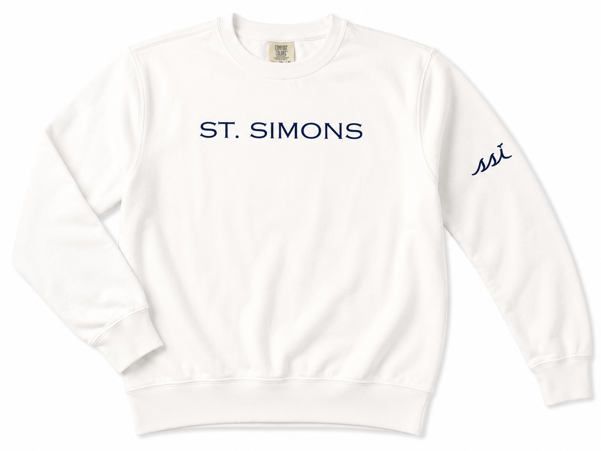 Comfort Colors White St. Simons Crewneck Sweatshirt — Sleeve SSI Logo