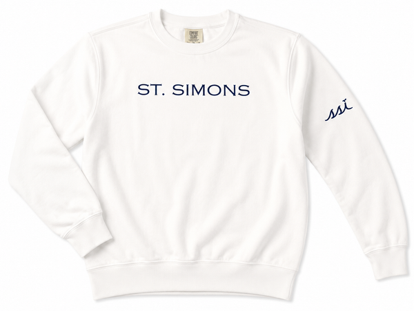 Comfort Colors White St. Simons Crewneck Sweatshirt — Sleeve SSI Logo