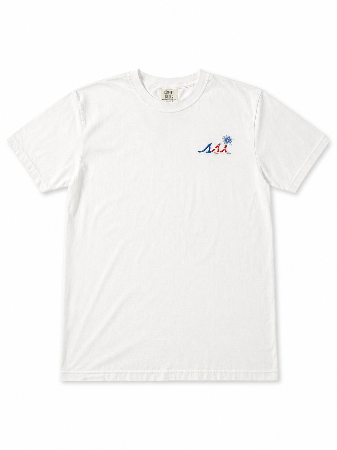 Comfort Colors White St. Simons Island American Flag Fireworks Tee — Patriotic SSI Logo