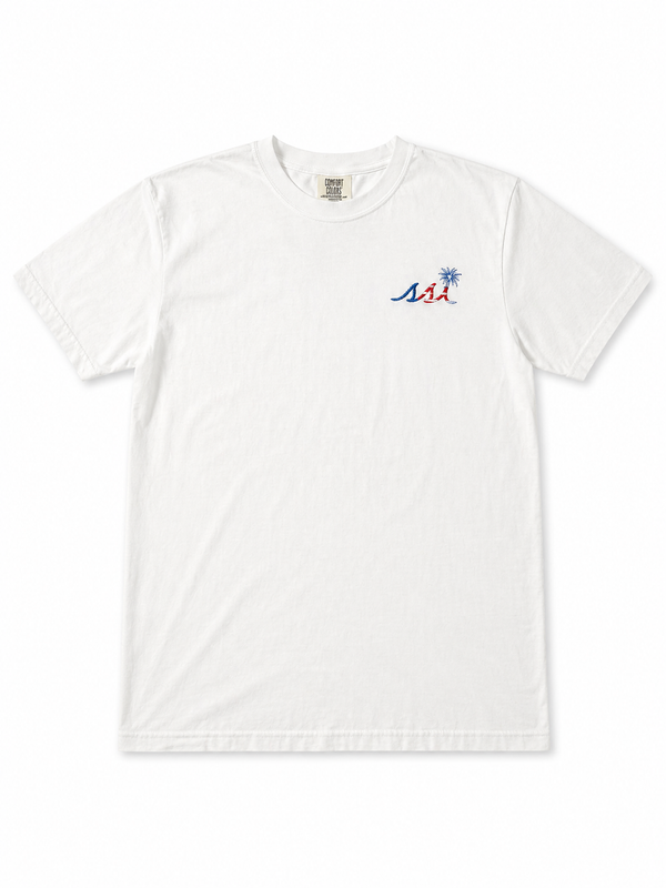 Comfort Colors White St. Simons Island American Flag Fireworks Tee — Patriotic SSI Logo