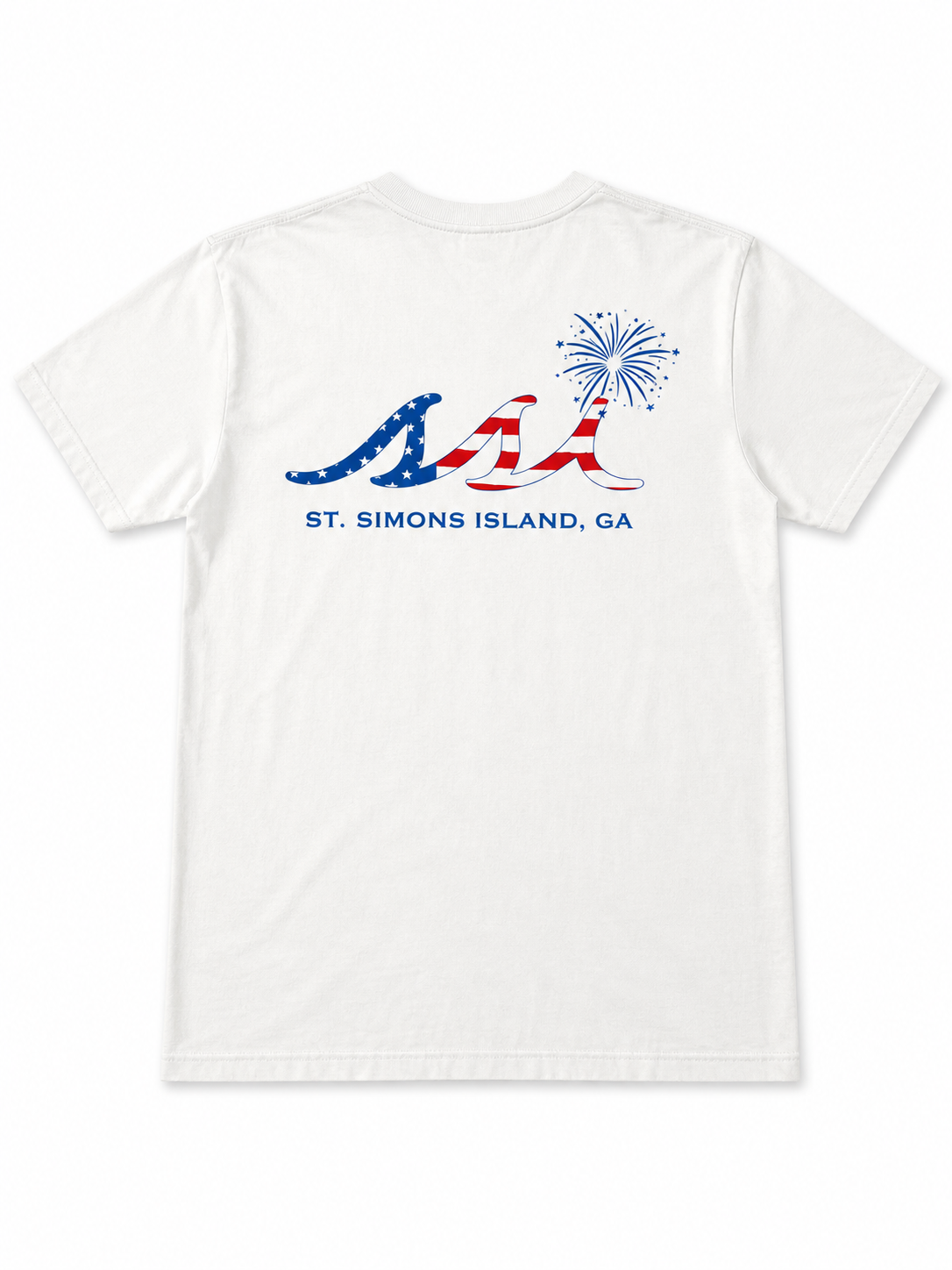 Comfort Colors White St. Simons Island American Flag Fireworks Tee — Patriotic SSI Logo