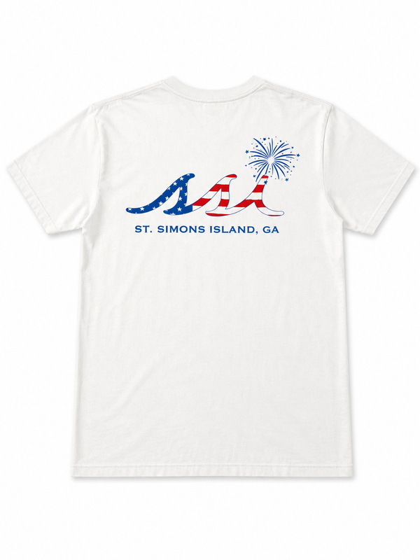 Comfort Colors White St. Simons Island American Flag Fireworks Tee — Patriotic SSI Logo