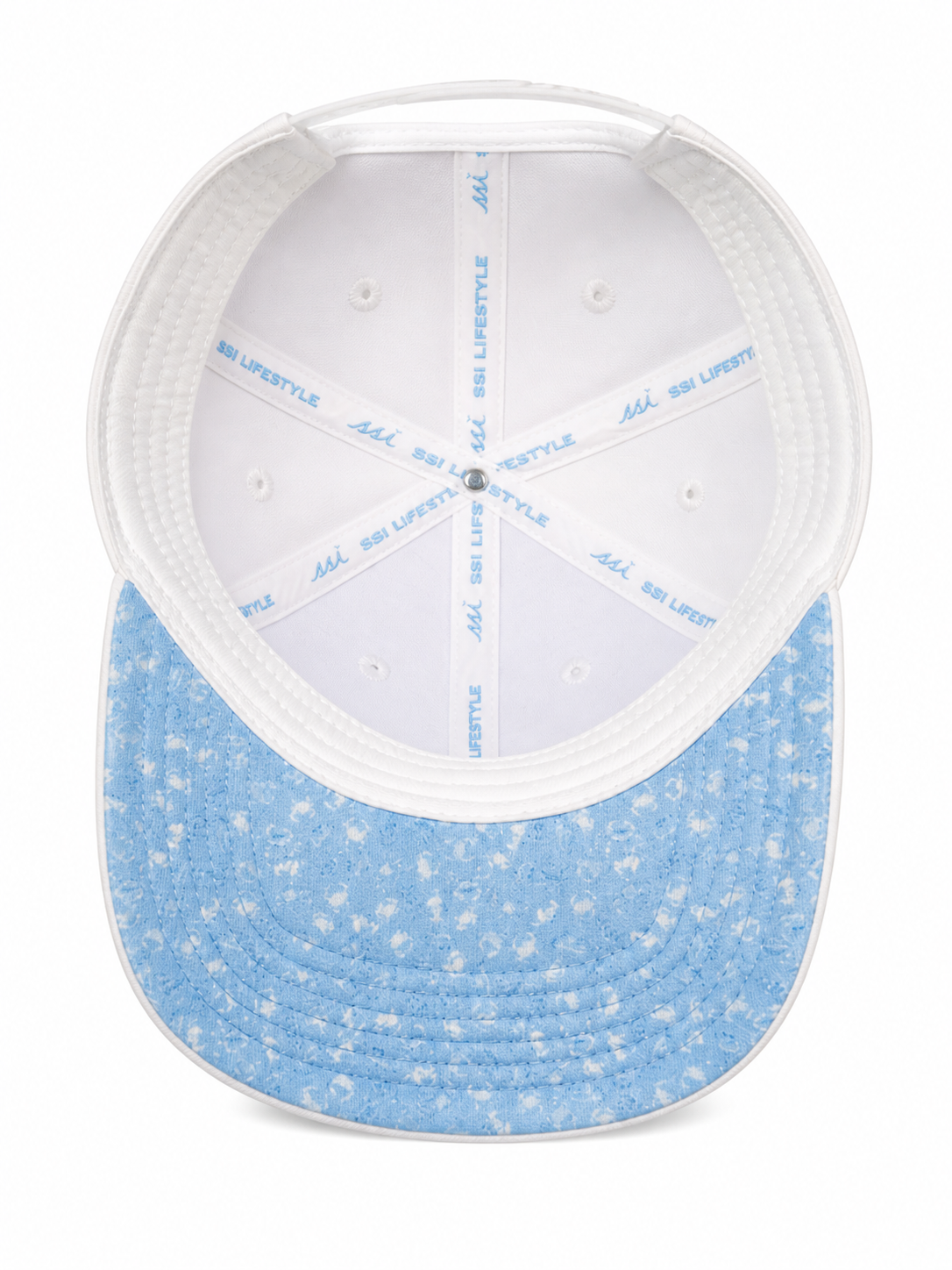 White St. Simons Island Crab Print Hat — Light Blue SSI Logo