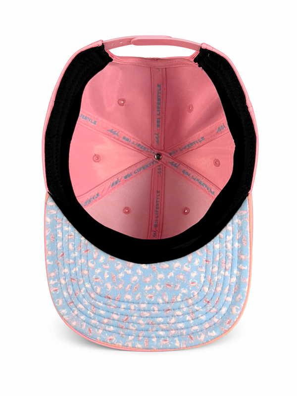 Coral Pink Cap — Sky Blue Logo with Hidden Crab Under-Brim