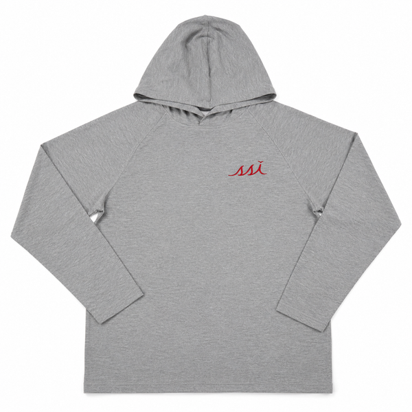 Cozy Heathered Gray T Shirt Hoodie - Red Logo on Chest