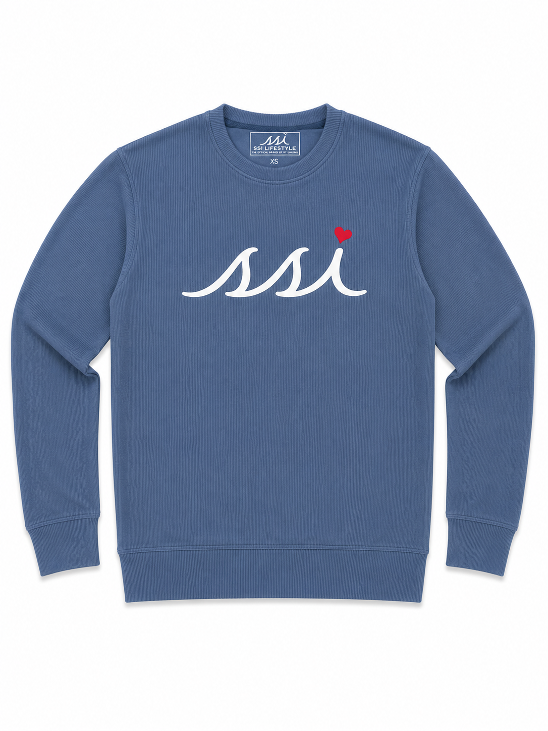 Denim Blue St. Simons Island Crewneck Sweatshirt — White SSI Logo with Red Heart