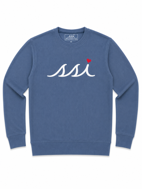 Denim Blue St. Simons Island Crewneck Sweatshirt — White SSI Logo with Red Heart