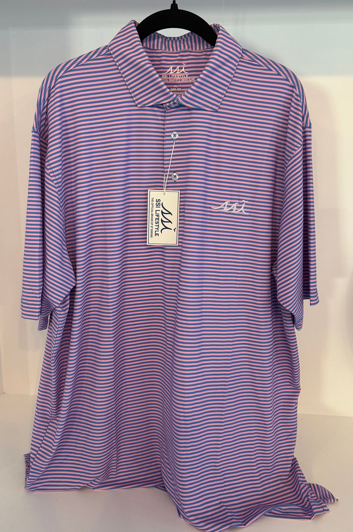 Kids Blue and Pink Stripe Stretch Performance Polo