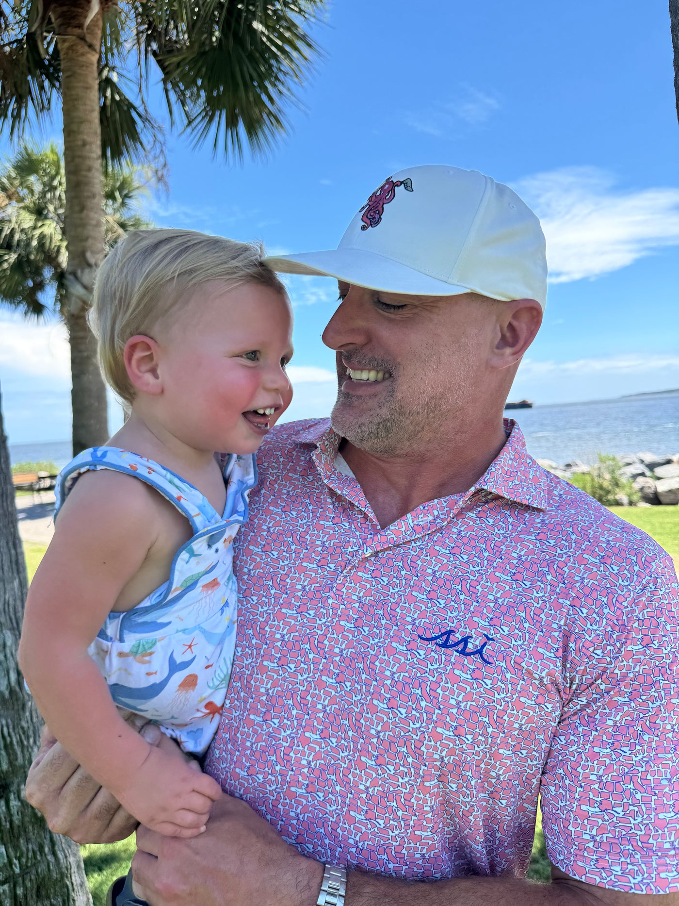 Kids Pink & Blue States Busy Print Stretch Performance Children's Polo