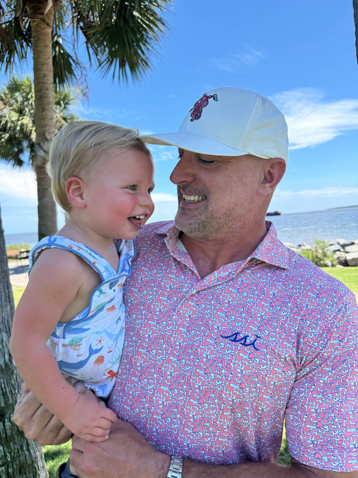 Kids’ Pink & Blue States Print Performance Polo — Navy SSI Logo