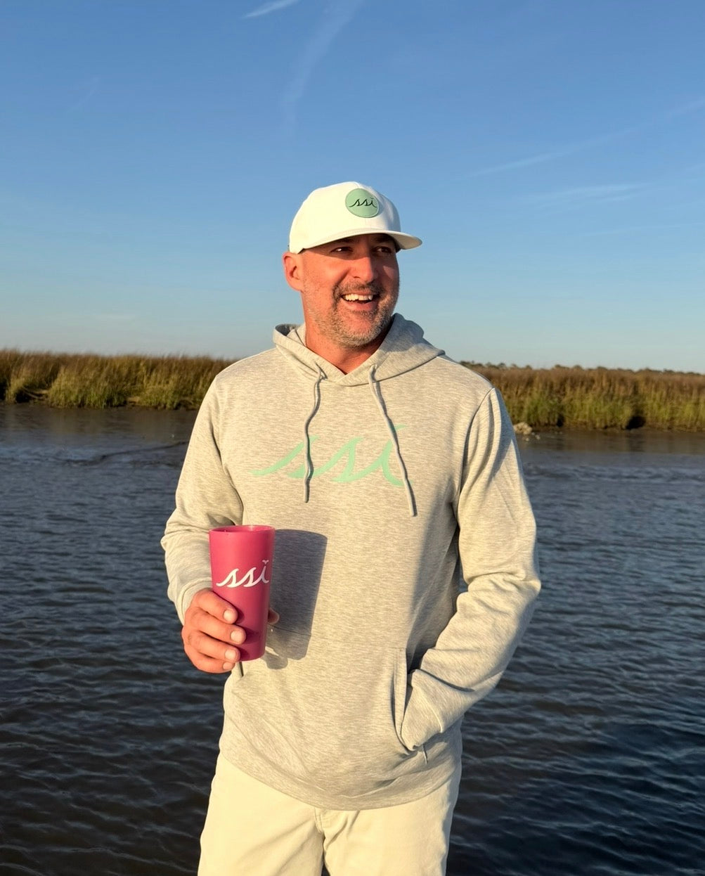 Ultrasoft Heathered Gray St. Simons Island Hoodie — Green SSI Logo & Logo-Lined Hood