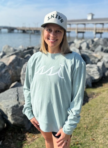 Ultrasoft Long Sleeve Light Peacock Unisex Crew with White Logo on Chest