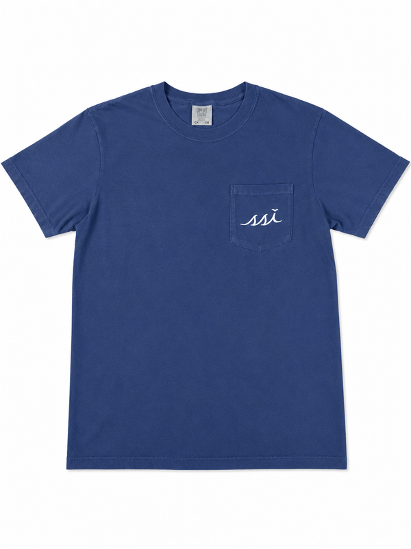Comfort Colors Navy St. Simons Island Pocket Tee — Fun-Filled SSI Logo Back Print