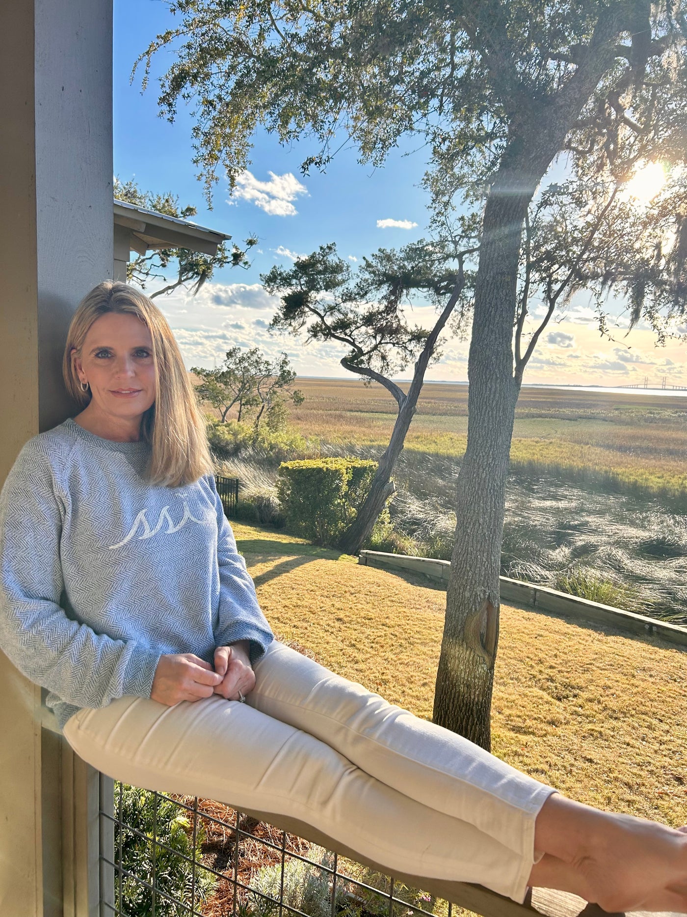 Vintage Light Denim Mixed Knit Sweatshirt - White Distressed Logo on Front - Vineyard Crew