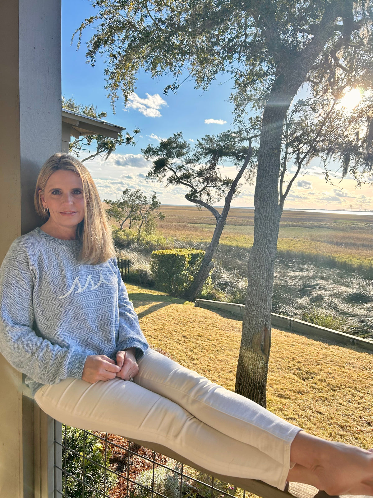 Vintage Light Denim Mixed Knit Sweatshirt - White Distressed Logo on Front - Vineyard Crew