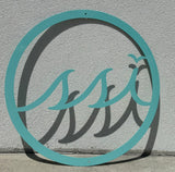 24” round metal logo sign in aqua