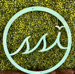 24” round metal logo sign in aqua