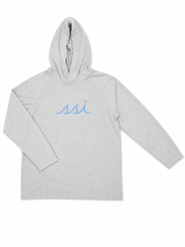 Heather Gray Lightweight Hooded Tee — Sky Blue SSI Logo