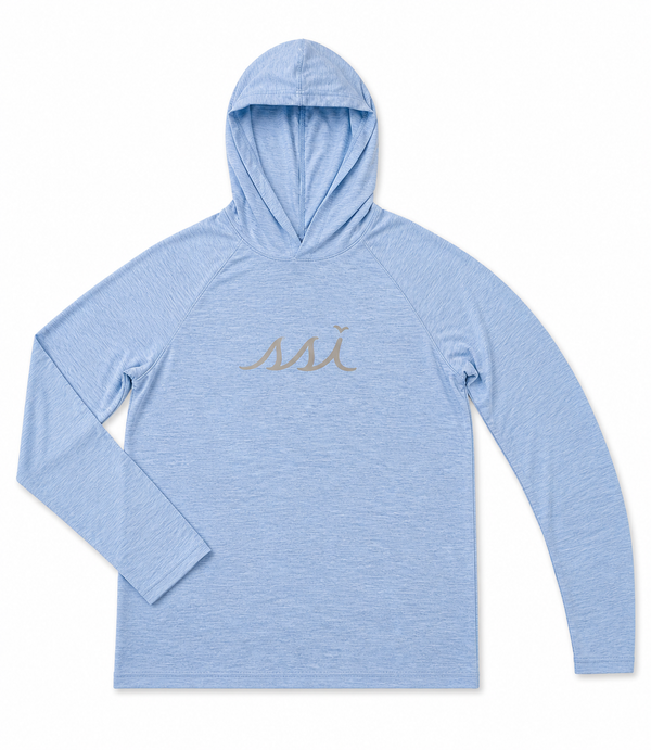 Heathered Harbor Blue St. Simons Island Hooded Long Sleeve Sun Shirt — Gray SSI Logo