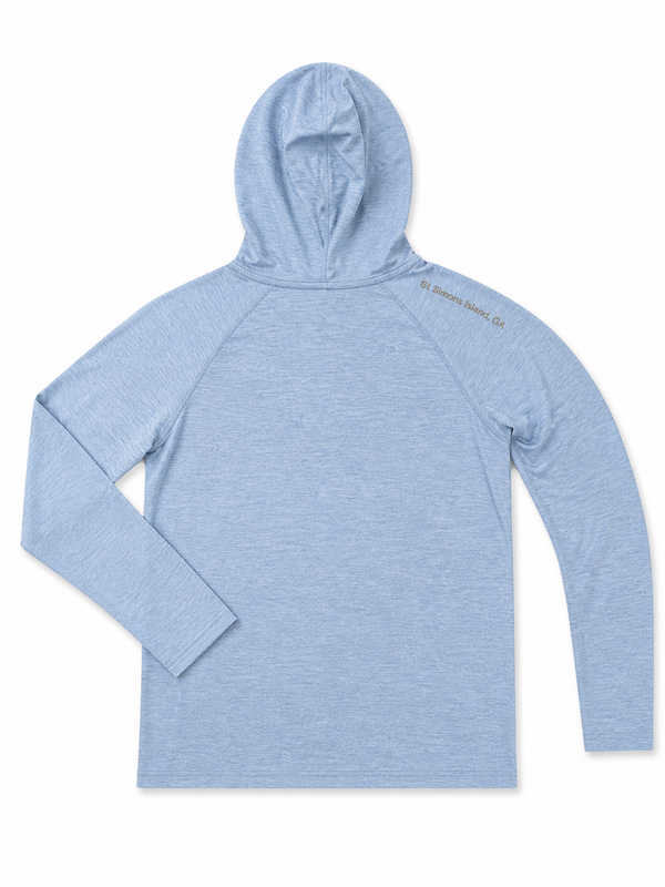 Heathered Harbor Blue St. Simons Island Hooded Long Sleeve Sun Shirt — Gray SSI Logo