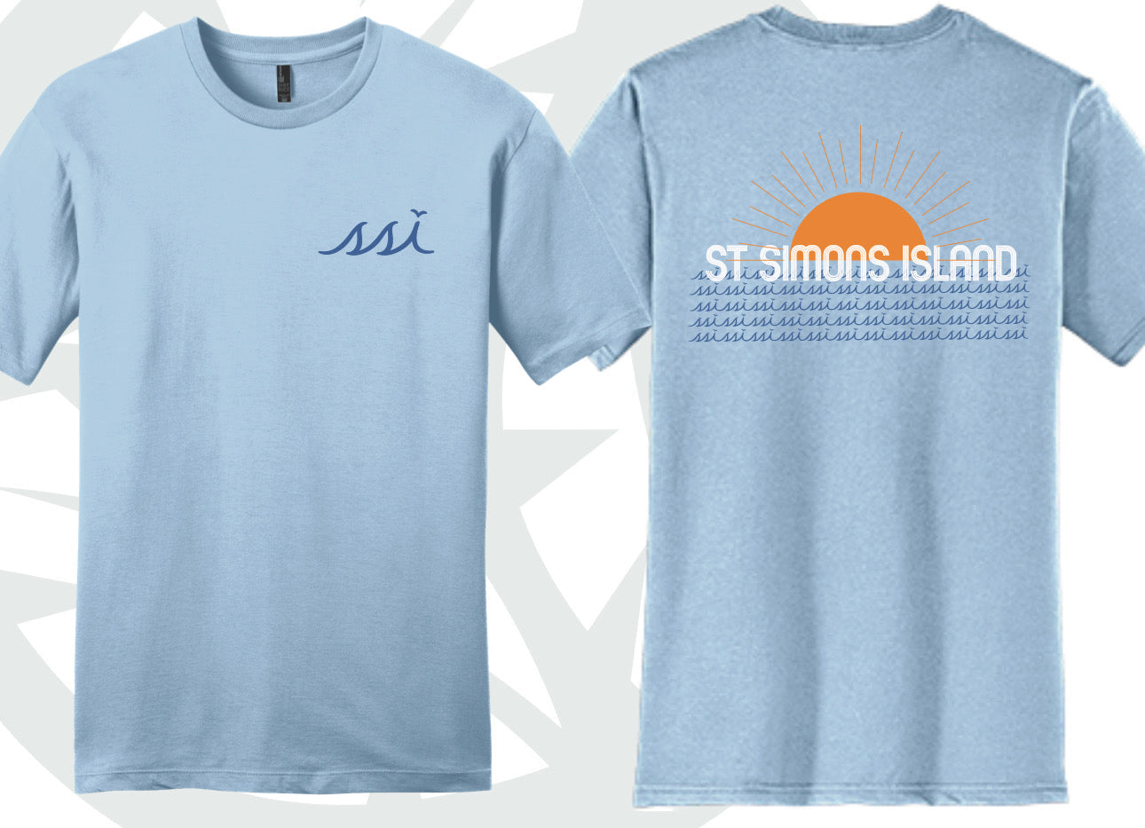 Sunrise/Sunset Light Blue T-Shirt with Blue Logo, Sun on Back - District T
