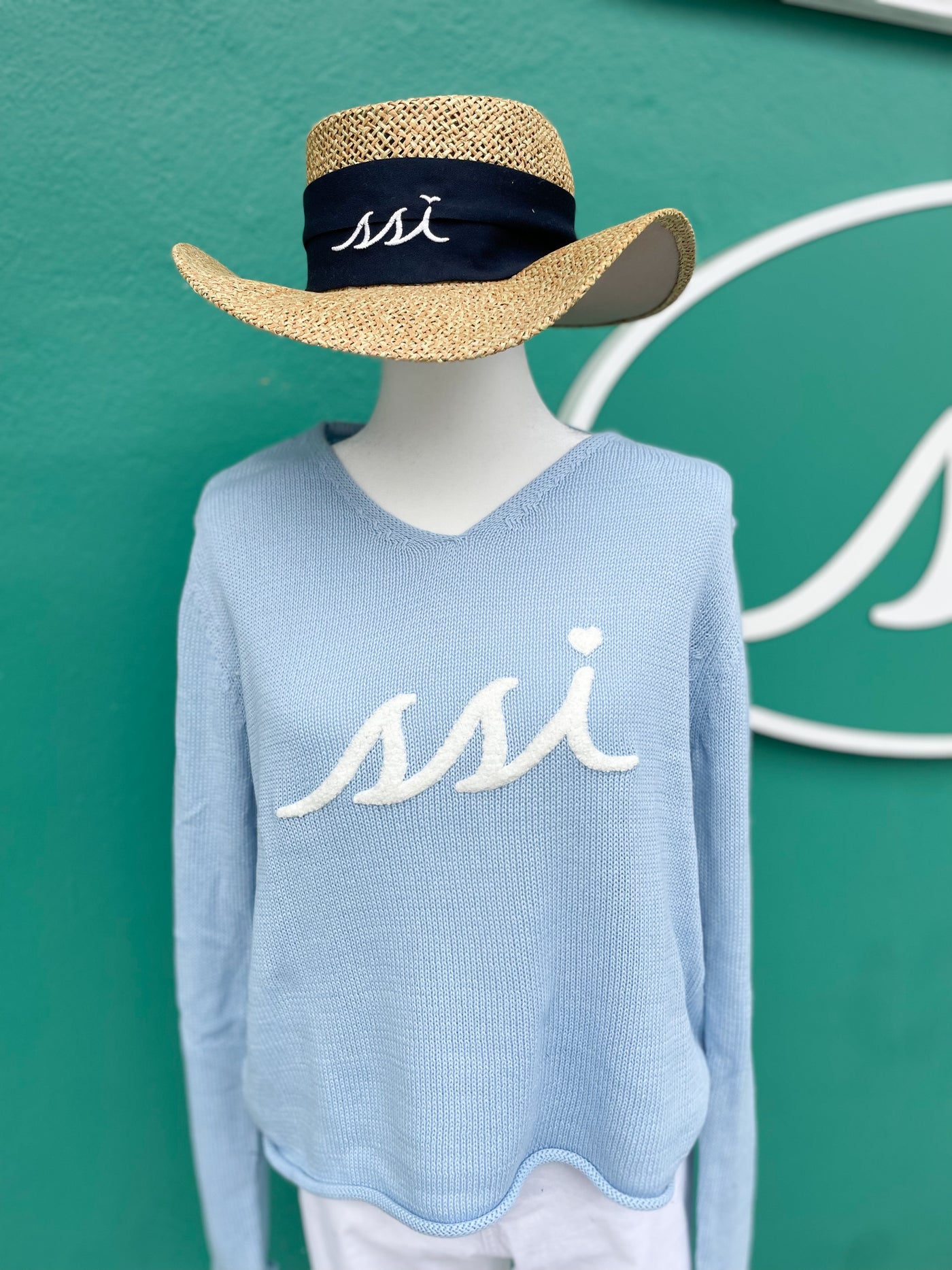 Baby Blue V-Neck Sweater w Script SSI Logo and Pink Heart dotting i