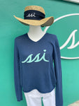 Slate Blue V-Neck Sweater w Script SSI Logo and heart dotting i