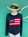 Navy Flag Sweater w White logo in the corner of the flag