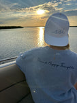 Corded Crew Sweatshirt Faded Denim color- Drink Happy Thoughts on Back
