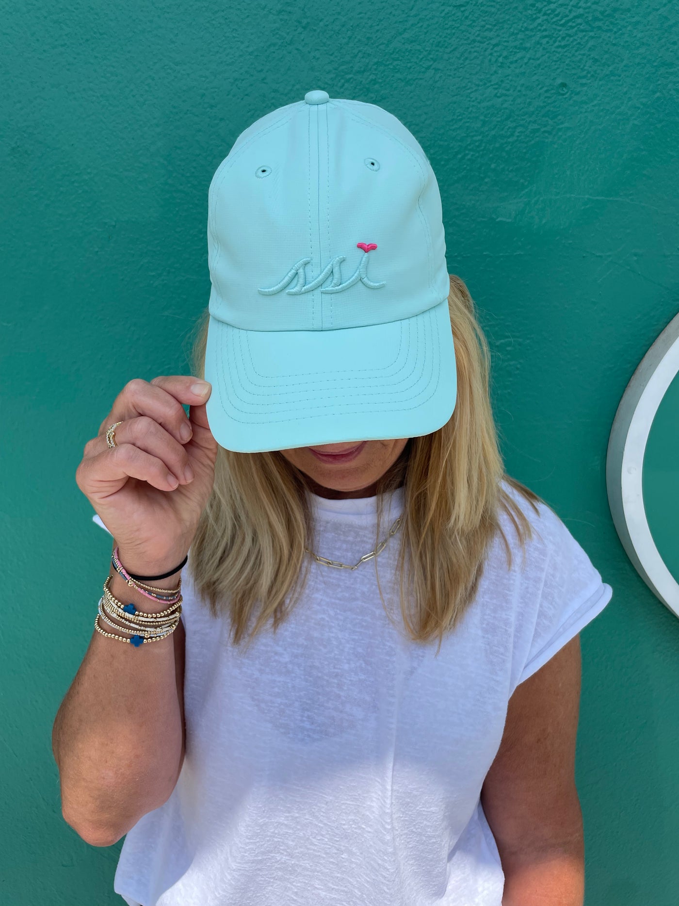 Robins Egg Imperial Hat - Robins Egg Raised Logo with Pink Bird - Small Fit