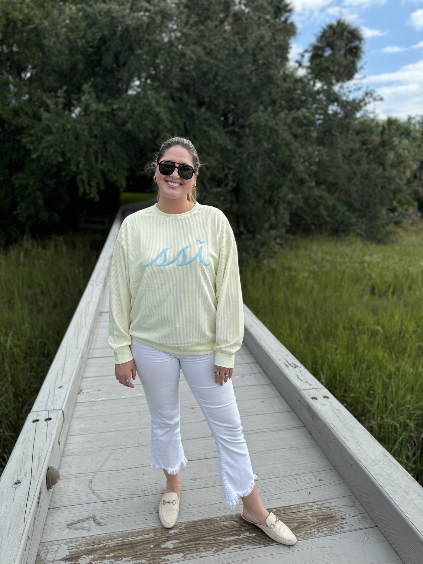 Women's chicka-d Yellow St. Simons Island Corded Crewneck Sweatshirt — Light Blue SSI Logo