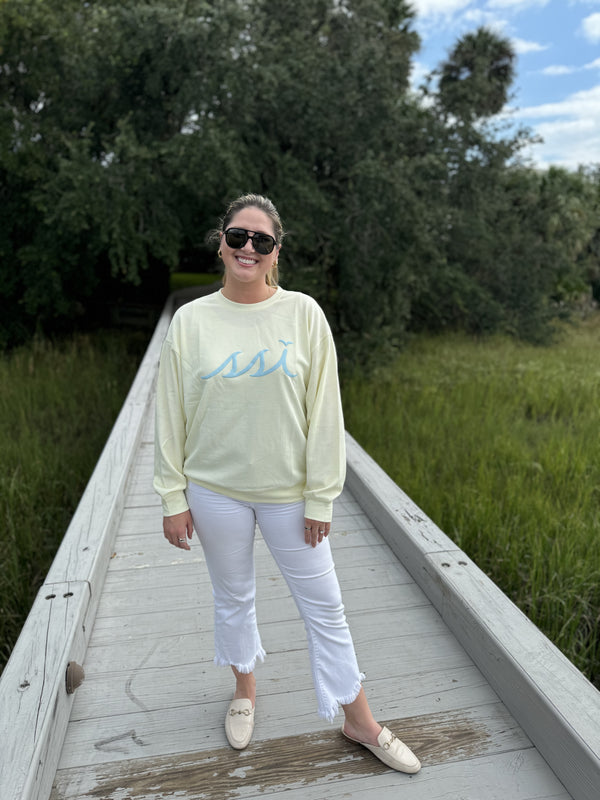 Women's chicka-d Yellow St. Simons Island Corded Crewneck Sweatshirt — Light Blue SSI Logo