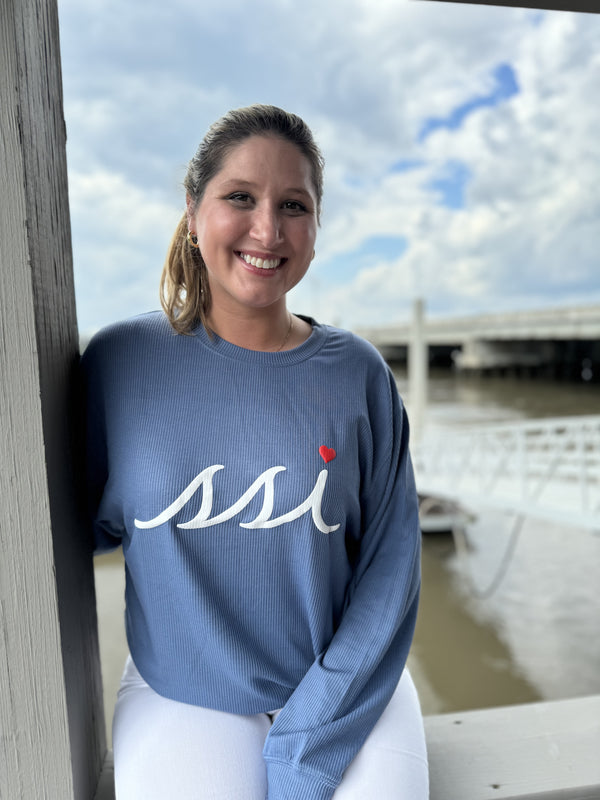 Denim Blue St. Simons Island Crewneck Sweatshirt — White SSI Logo with Red Heart