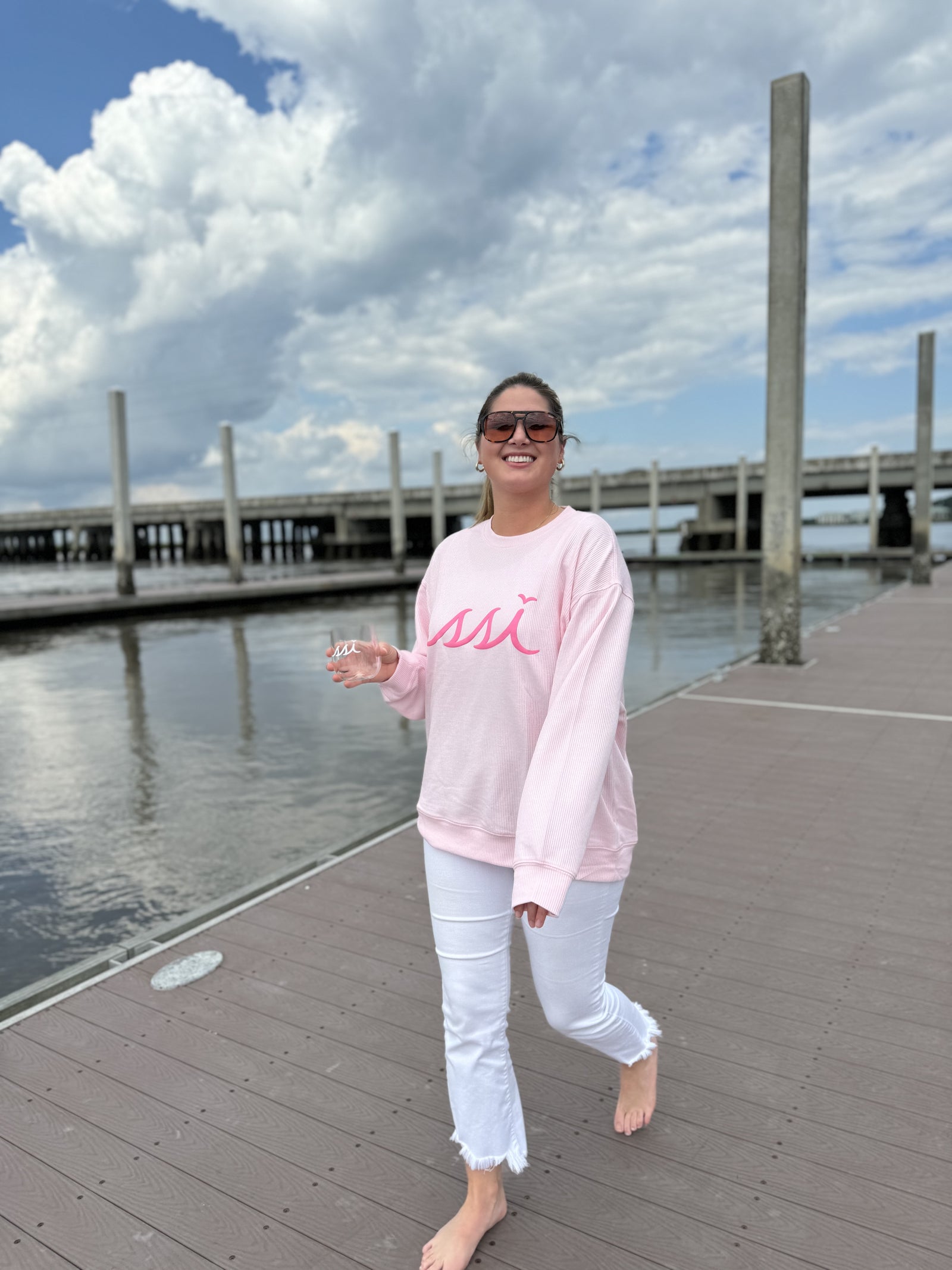 Corded Crew Blossom Pink St. Simons Island Crewneck Sweatshirt — Aprés Sea Back Print