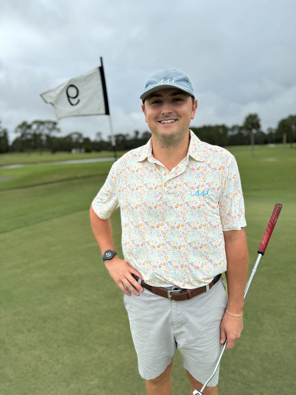 Men's Spring Tones Cocktail Allover Print St. Simons Island Performance Polo Shirt — Blue SSI Logo