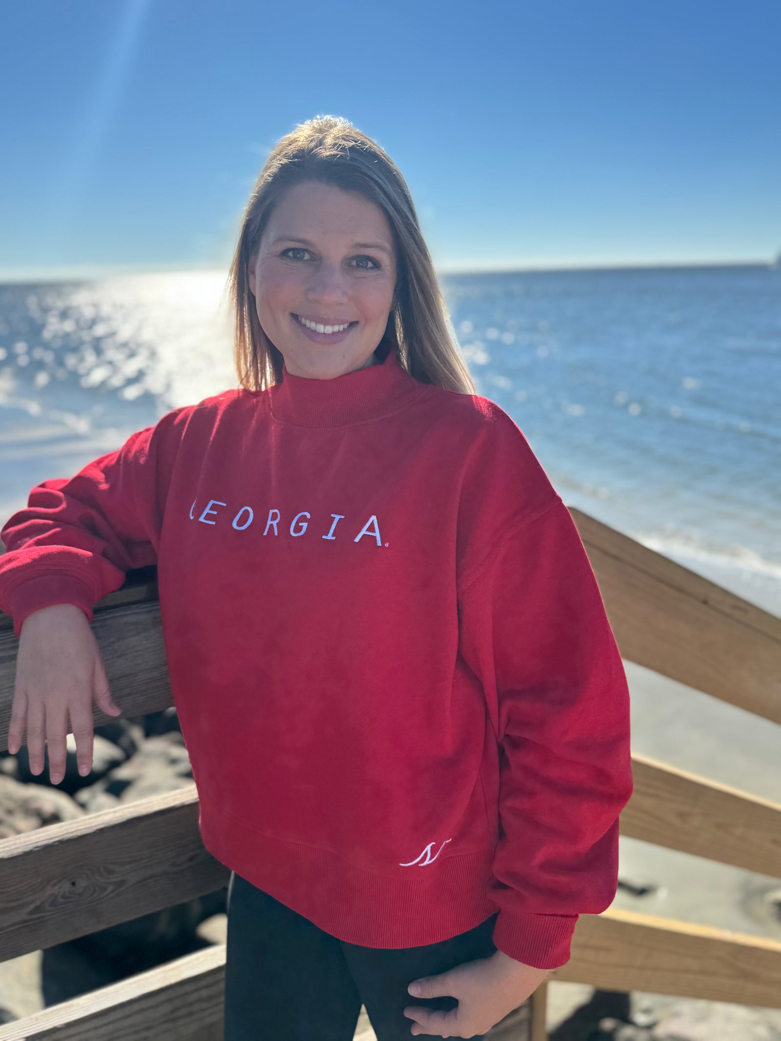 Women's Red St. Simons Island Georgia Crewneck Sweatshirt — White SSI Logo Hem