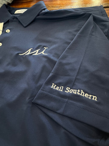 Hail Southern Stretch Performance Men's Polo Navy w/ White Logo / Hail Southern on Arm