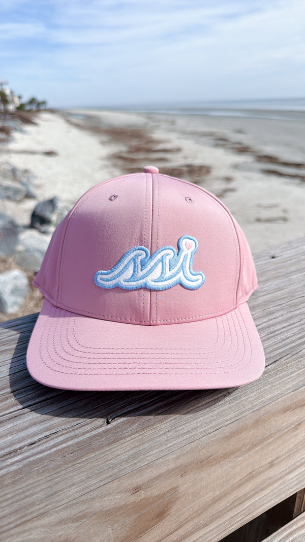 Coral Pink Performance Cap — Sky Blue Bubble Logo
