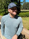 Dark Sage Pocket T Shirt Hoodie - Aqua Logo on Front - Vineyard Crew