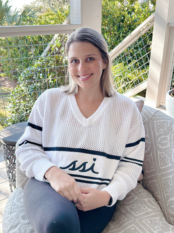 Coastal White V-Neck Crochet Sweater — Navy Stripe & SSI Heart