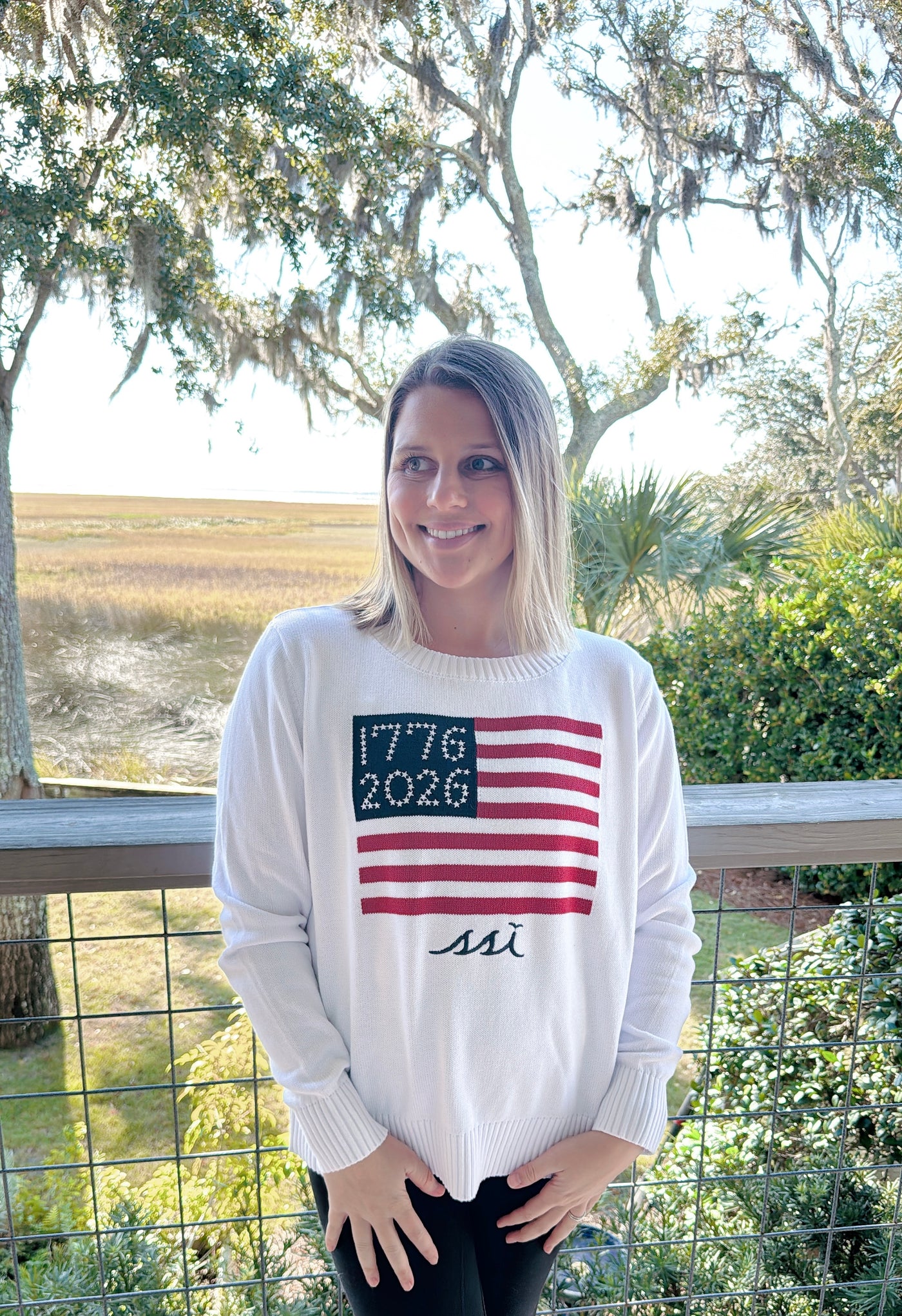 White St. Simons Island Semiquincentennial Flag Sweater — 1776–2026 Knit Crewneck