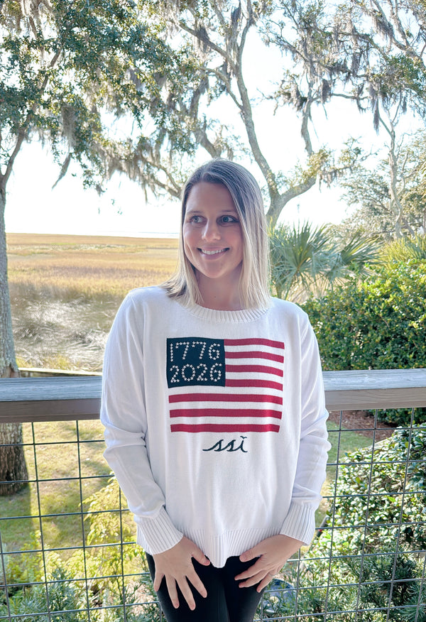 White St. Simons Island Semiquincentennial Flag Sweater — 1776–2026 Knit Crewneck