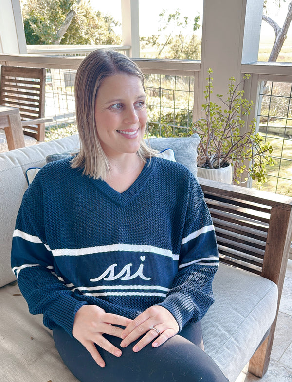 Navy V-Neck Crochet Sweater - White Stripe & SSI Heart