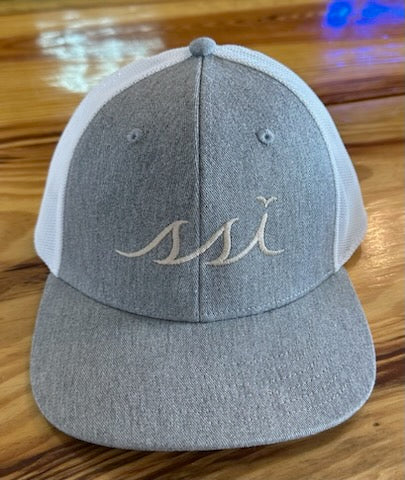 Heathered Gray Proflex Hat with White Mesh Back / Gold Logo/ Outdoor Cap