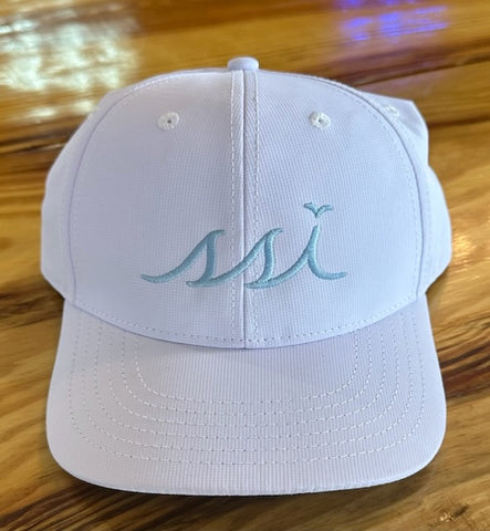 White Performance Hat / Light Blue Logo/ Outdoor Cap