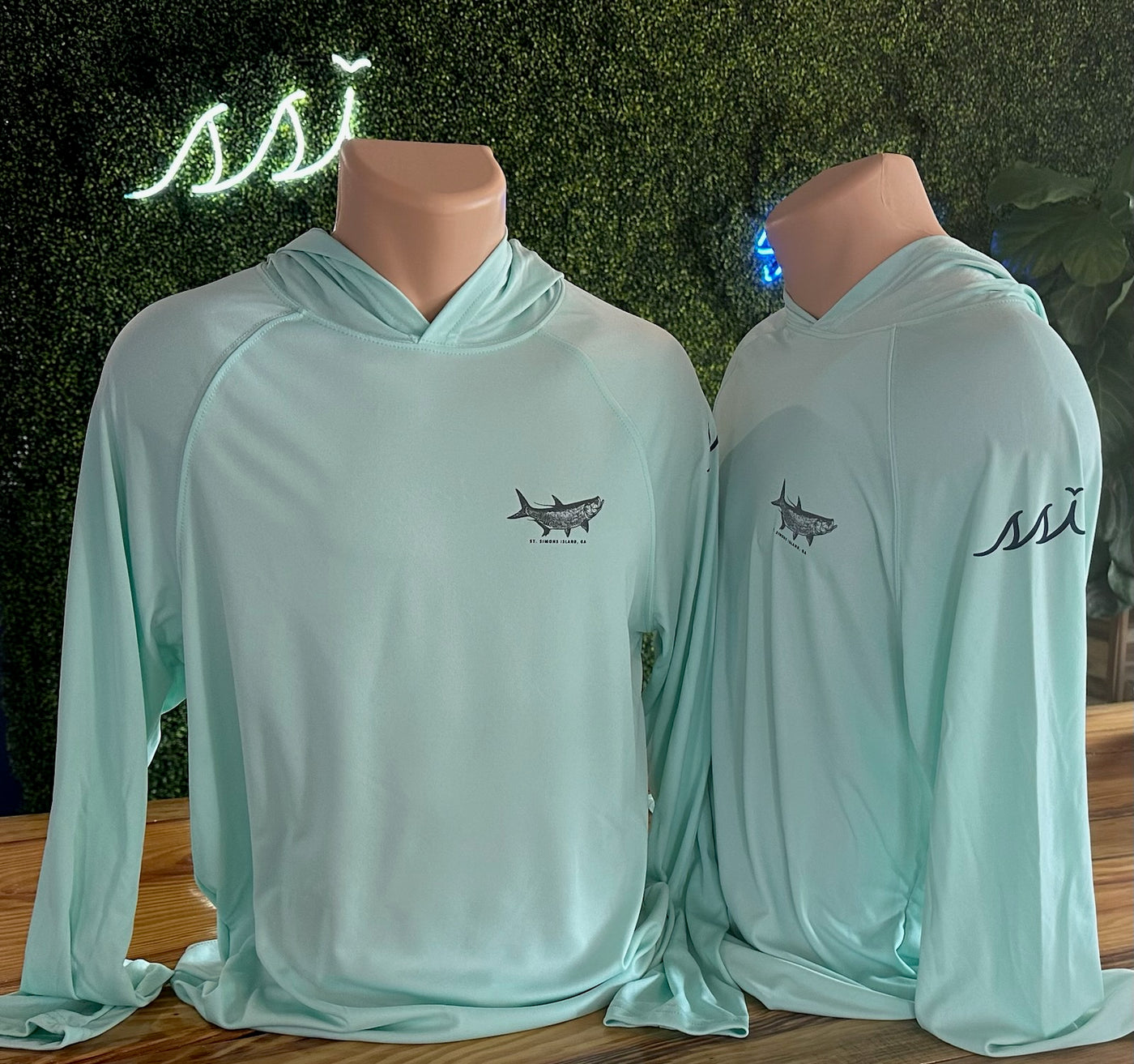 SPF 50 Mint Sun Shirt Hoodie, Gray Tarpon Logo on Chest, St Simons in Navy, Navy SSI on Arm, Long Sleeve A4